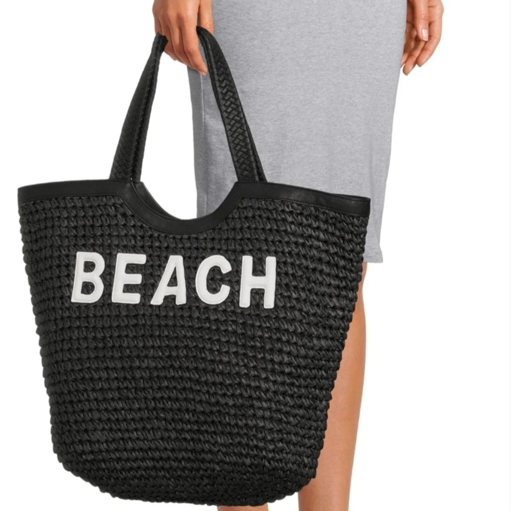 Black Straw Beach Tote Bag 🌴Woven "BEACH" Lettering | Large Summer Shoulder Bag